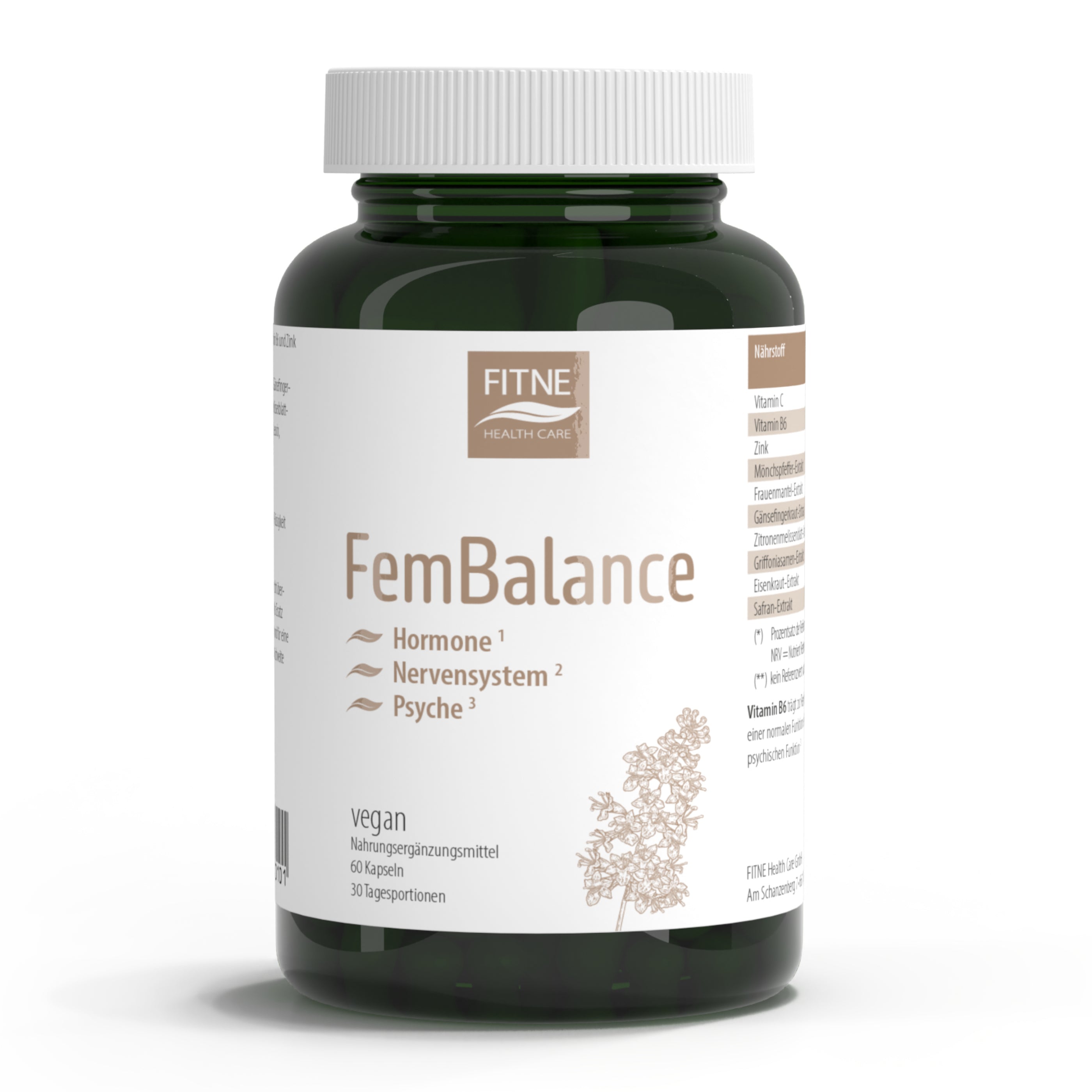 Auf der dunkelgrünen Fitne FemBalance-Flasche finden Sie einen deutschen Text, der die Vorteile für Hormonhaushalt, Nervensystem und Psyche beschreibt. Das vegane Etikett mit einer kleinen Kräutergrafik hebt wichtige Mikronährstoffe hervor.