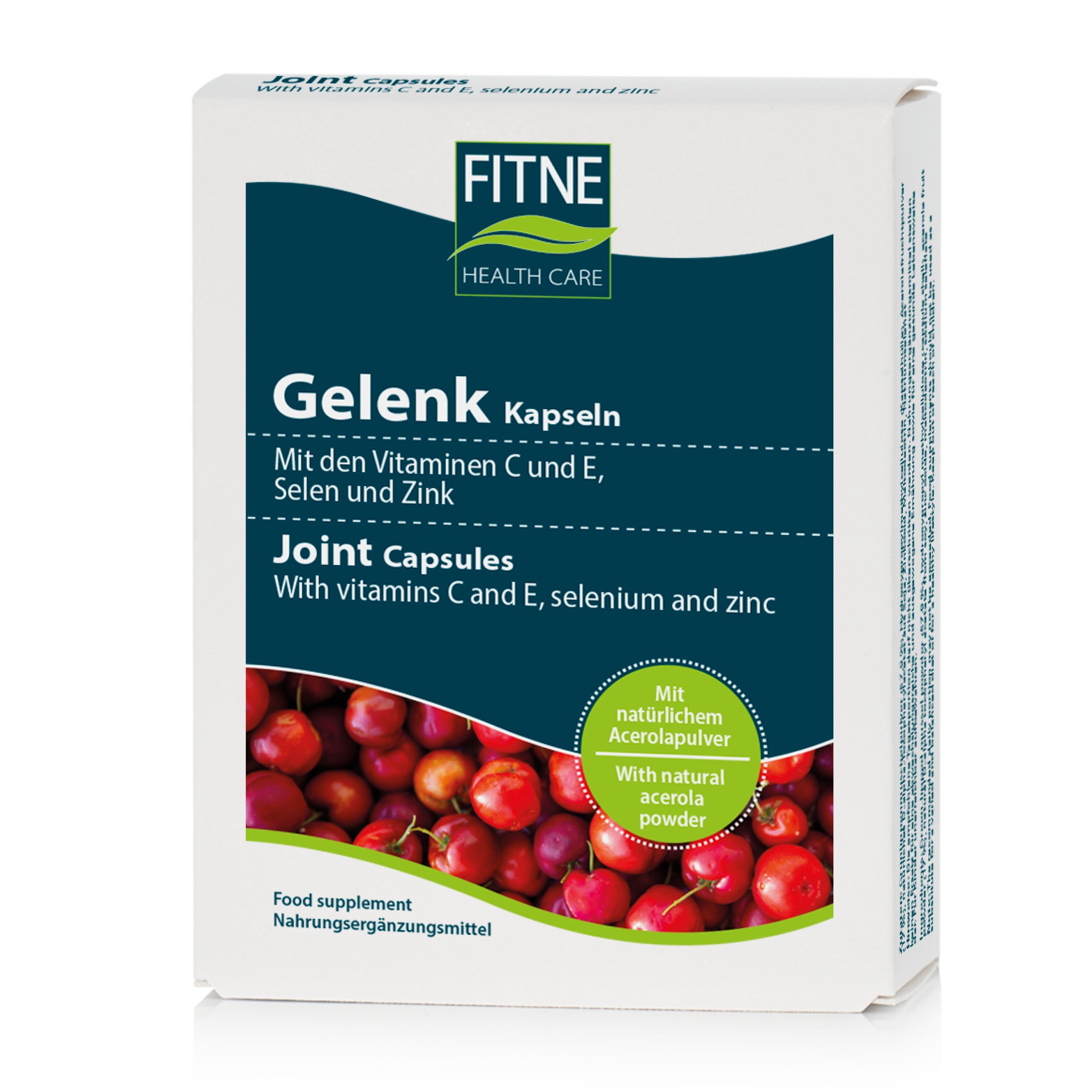 Eine Dose FITNE Health Care Gelenk Kapseln mit deutschem und englischem Text für flexible Gelenke enthält die Vitamine C, E, Selen, Zink, Grünlippenmuschel und zeigt rote Acerolakirschen auf der Verpackung.