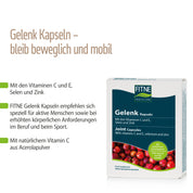 Eine Packung fitne Gelenkkapseln wird gezeigt. Sie enthalten Mikronährstoffe wie Vitamin C (aus Acerolapulver) und E, Selen und Zink. Das Produkt unterstreicht die Vorteile für Mobilität und einen aktiven Lebensstil.
