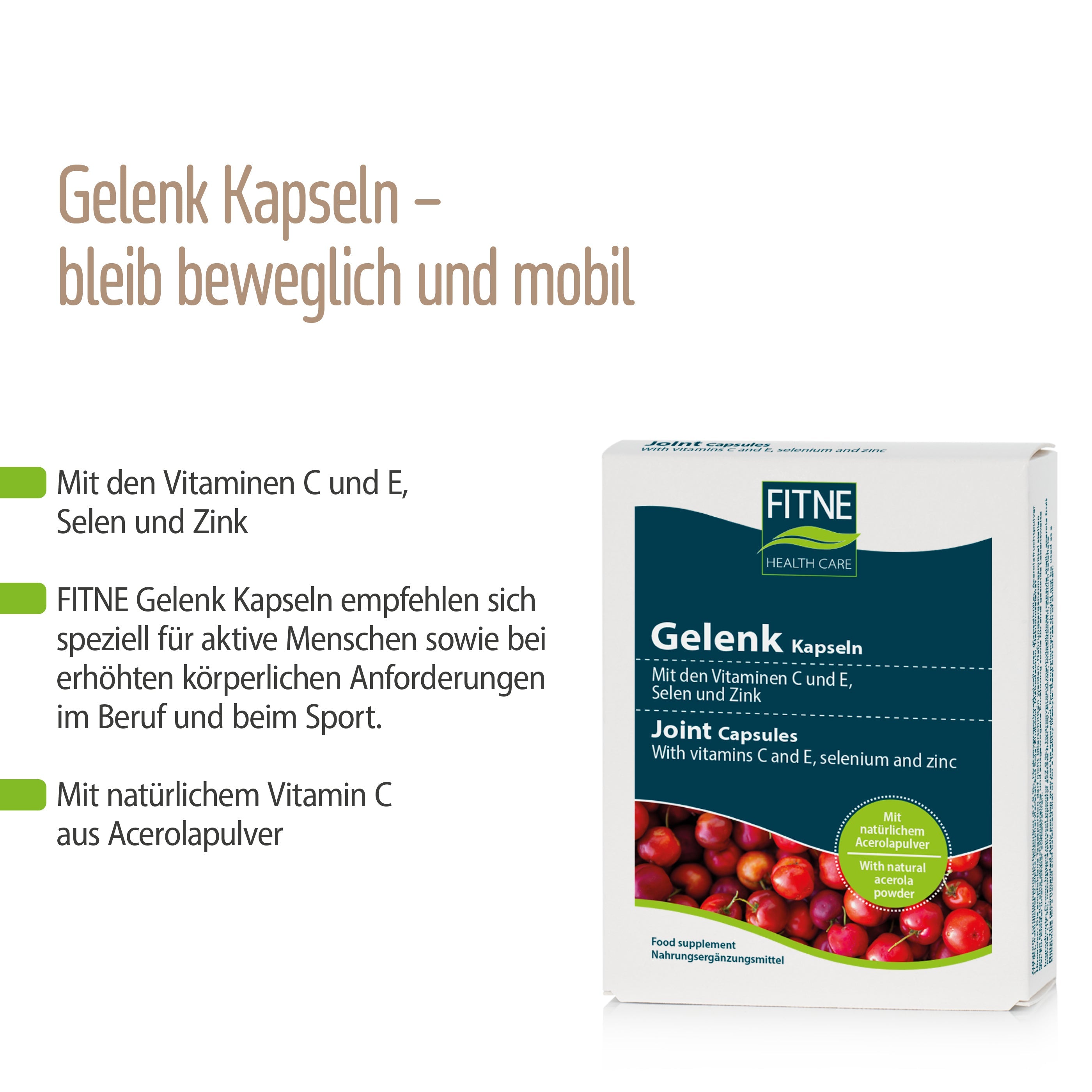 Eine Packung fitne Gelenkkapseln wird gezeigt. Sie enthalten Mikronährstoffe wie Vitamin C (aus Acerolapulver) und E, Selen und Zink. Das Produkt unterstreicht die Vorteile für Mobilität und einen aktiven Lebensstil.