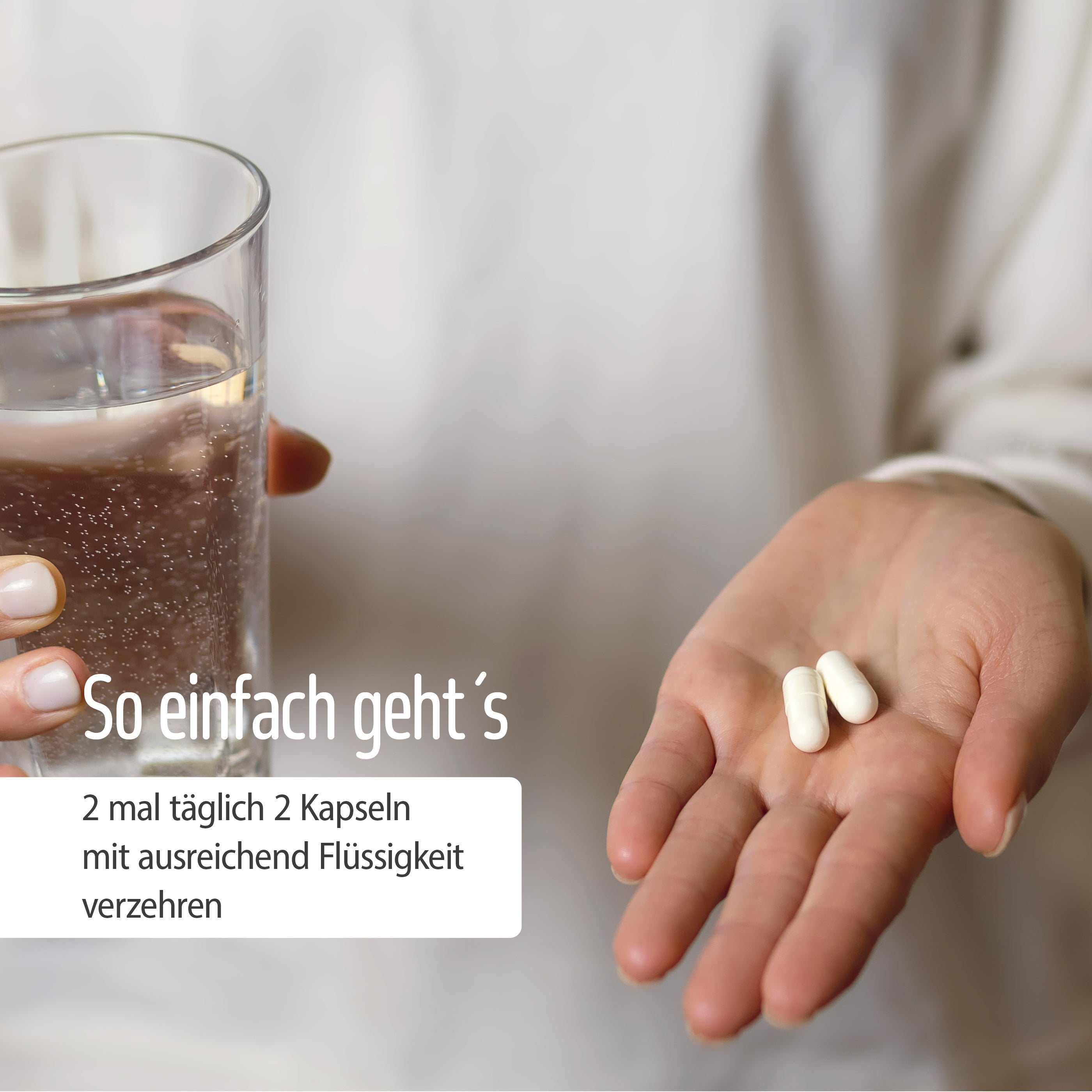 Eine Person hält zwei weiße Kapseln und ein Glas Wasser. Der deutsche Text auf dem Bild enthält Dosierungsanweisungen für den Nährstoffkomplex Knorpel & Knochen von fitne, der Knochen und Knorpel unterstützen soll.