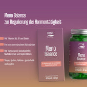 Ein Produktdisplay für FITNE Health Care Meno Balance Kapseln zeigt eine Schachtel und eine Flasche mit grünen Kapseln. Der Text hebt die Hormonregulierung während der Wechseljahre und die wichtigsten Pflanzenextrakte vor einem lila-orangen Hintergrund hervor.