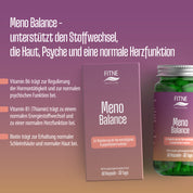 Abgebildet sind eine Schachtel und eine Flasche FITNE Health Care Meno Balance Kapseln. Der Text hebt die Unterstützung des Stoffwechsels, der Haut, der Stimmung und des Herzens - besonders in den Wechseljahren - mit wichtigen Pflanzenextrakten sowie den Vitaminen B6, B1 und Biotin hervor.