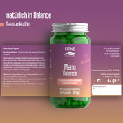 Eine Dose FITNE Health Care Meno Balance Kapseln, gefüllt mit grünen Kapseln, ist auf einem rosa-violetten Hintergrund abgebildet. Das deutsche Etikett hebt wertvolle Pflanzenextrakte, Nährwertangaben und Firmenkontakte zur Unterstützung der Wechseljahre hervor.