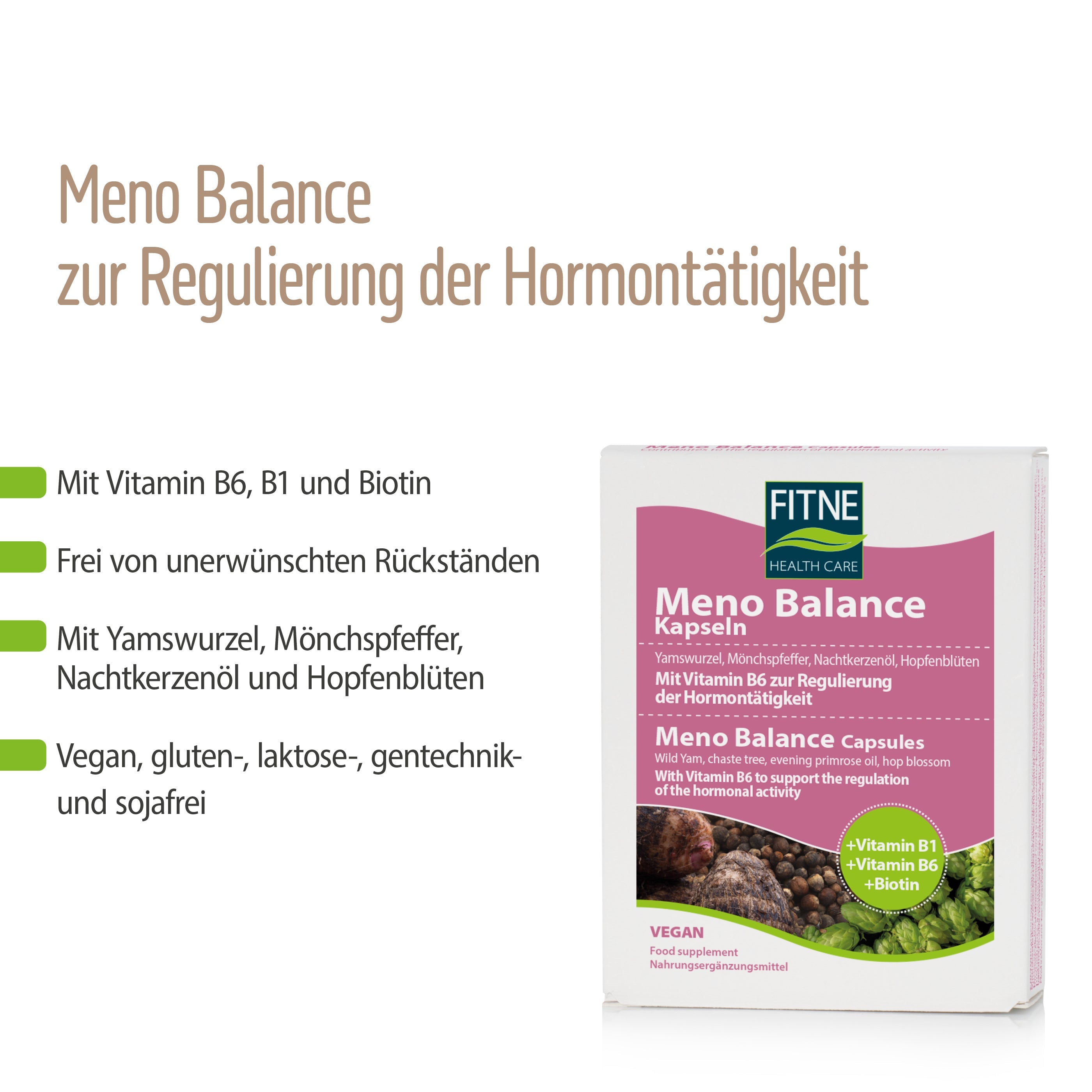 Produktbild von fitne Meno Balance Kapseln, Highlights Hormonregulation, Vitamine B6, B1, Biotin – pflanzliches Nahrungsergänzungsmittel für die Wechseljahre; vegan sowie gluten-, laktose-, soja- und gentechnikfrei.