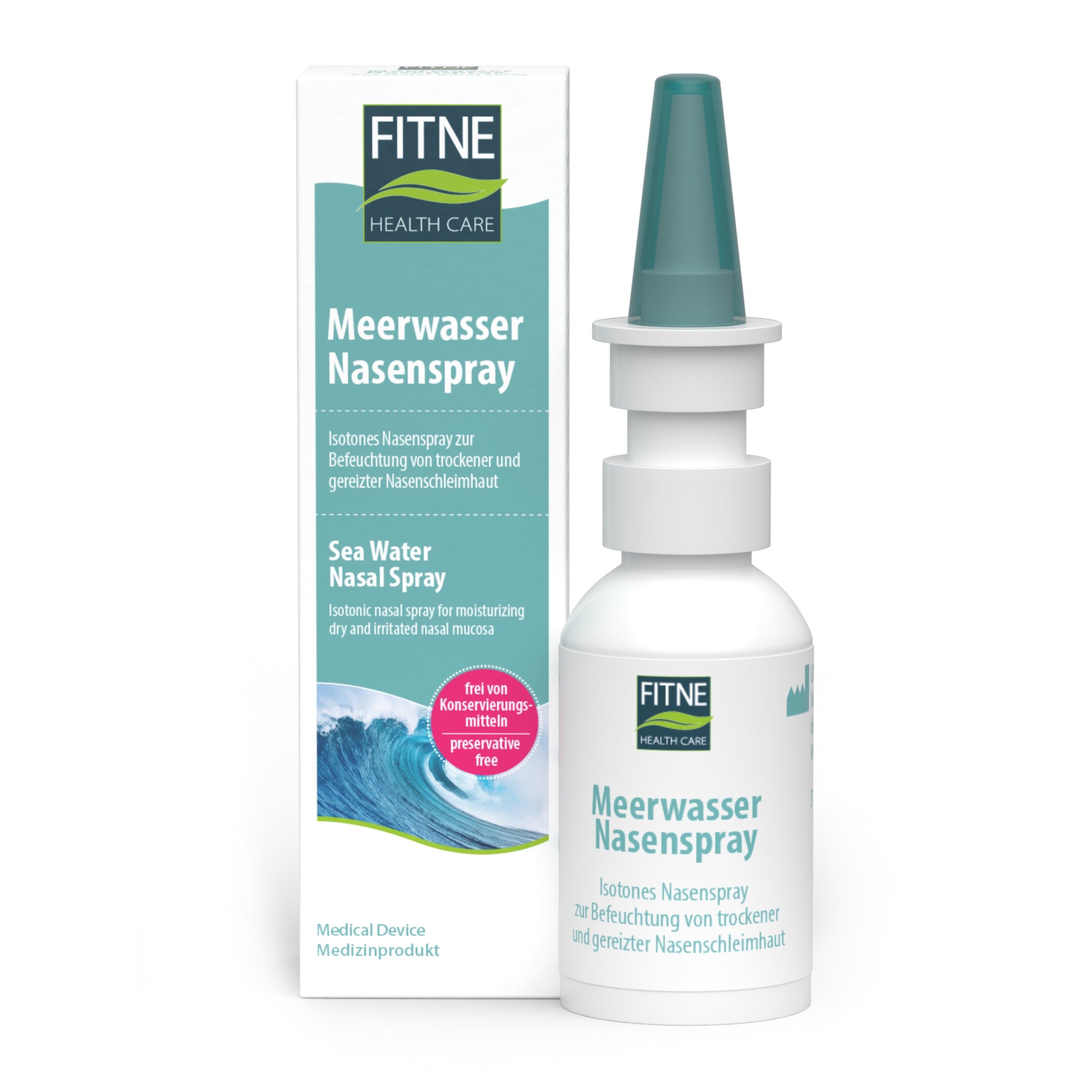 Eine Fitne Meerwasser Nasenspray-Flasche und -Box mit der Aufschrift „Nasenschleimhautbefeuchtung“. Die blaugrüne Verpackung mit Meereswellen-Design hebt die natürliche Meerwasserlösung hervor, die trockene Nasenschleimhäute mit Feuchtigkeit versorgt.
