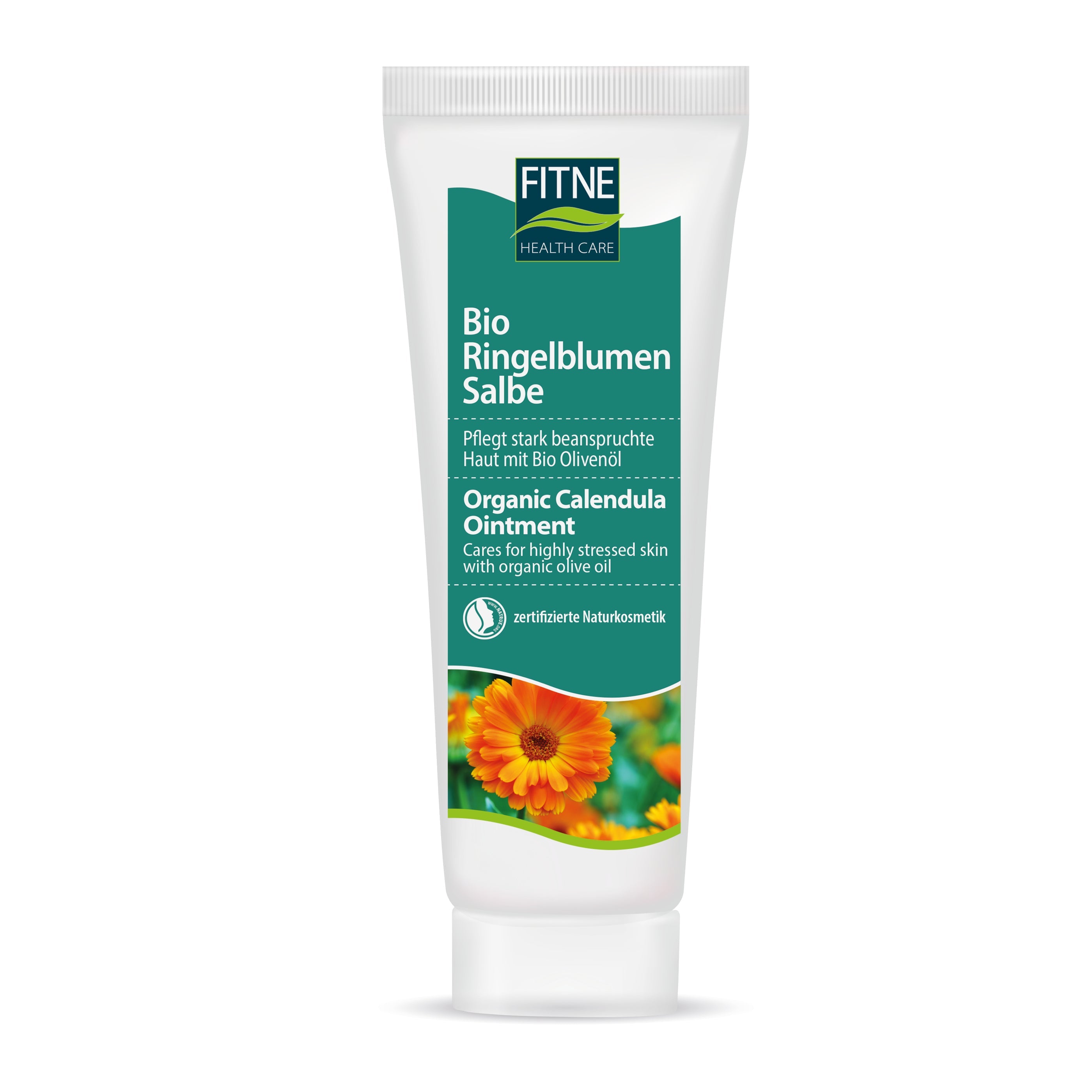 Eine weiĂźe Tube FITNE Health Care Bio Ringelblumen Salbe mit grĂĽner Aufschrift, einem Foto von orangefarbenen RingelblumenblĂĽten und deutsch/englischem Text zur Pflege stark beanspruchter Haut.
