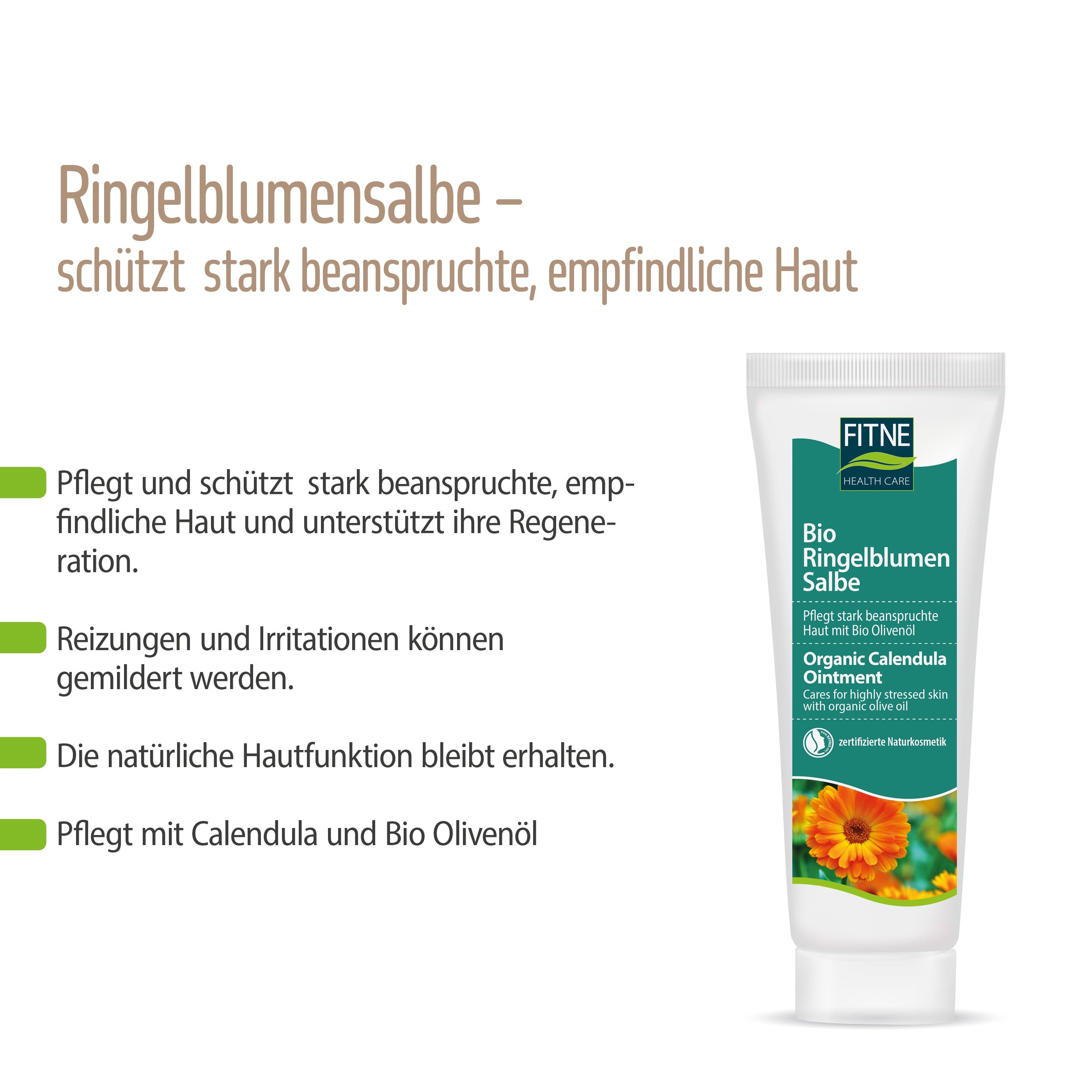 Eine Informationsgrafik zeigt eine Tube FITNE Health Care Bio Ringelblumen Salbe mit deutschem Text, der die Vorteile für empfindliche Haut hervorhebt, Reizungen lindert und natürliche Inhaltsstoffe wie Calendula und Bio-Olivenöl enthält.
