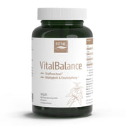 Die grüne fitne VitalBalance Flasche ist ein veganes Nahrungsergänzungsmittel für den Energiestoffwechsel, bei Müdigkeit und Erschöpfung. Das Etikett enthält Mikronährstoffe, eine Zutatenliste und eine Pflanzenillustration.