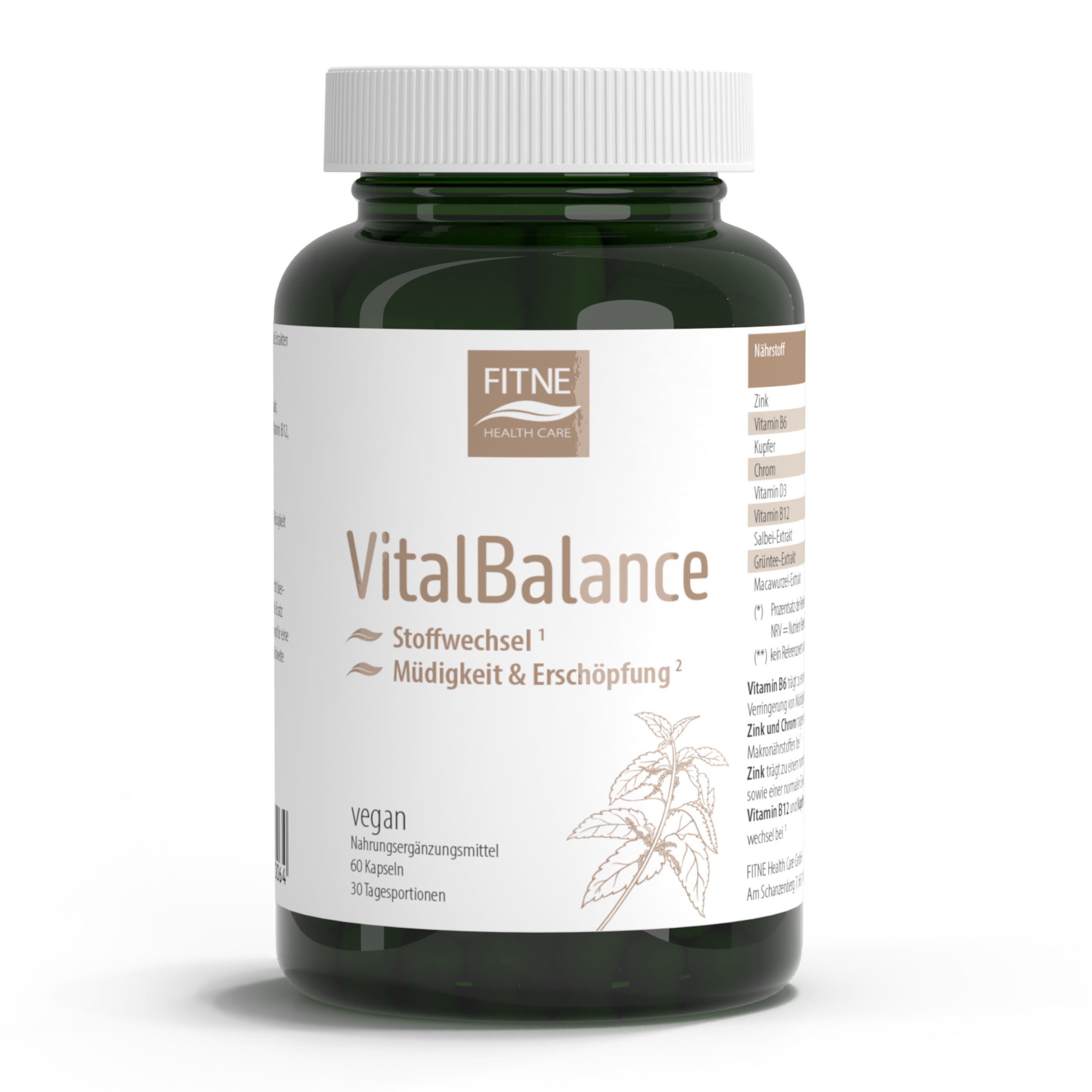 Die grüne fitne VitalBalance Flasche ist ein veganes Nahrungsergänzungsmittel für den Energiestoffwechsel, bei Müdigkeit und Erschöpfung. Das Etikett enthält Mikronährstoffe, eine Zutatenliste und eine Pflanzenillustration.
