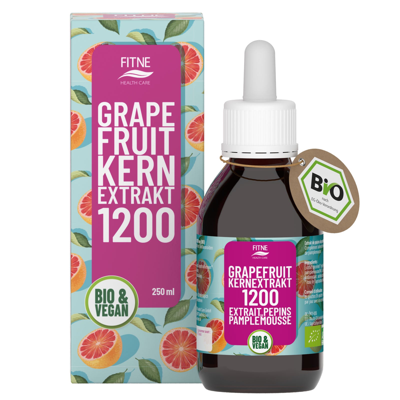 Eine Flasche und Schachtel FITNE Health Care Grapefruit-Kern-Extrakt, beschriftet mit bio, pflanzlich, vegan. Die Verpackung zeigt Grapefruit-Scheiben/Blätter; die Flasche hat einen Tropfer, Bio-Tag, und verweist auf wertvolle Bioflavonoide.