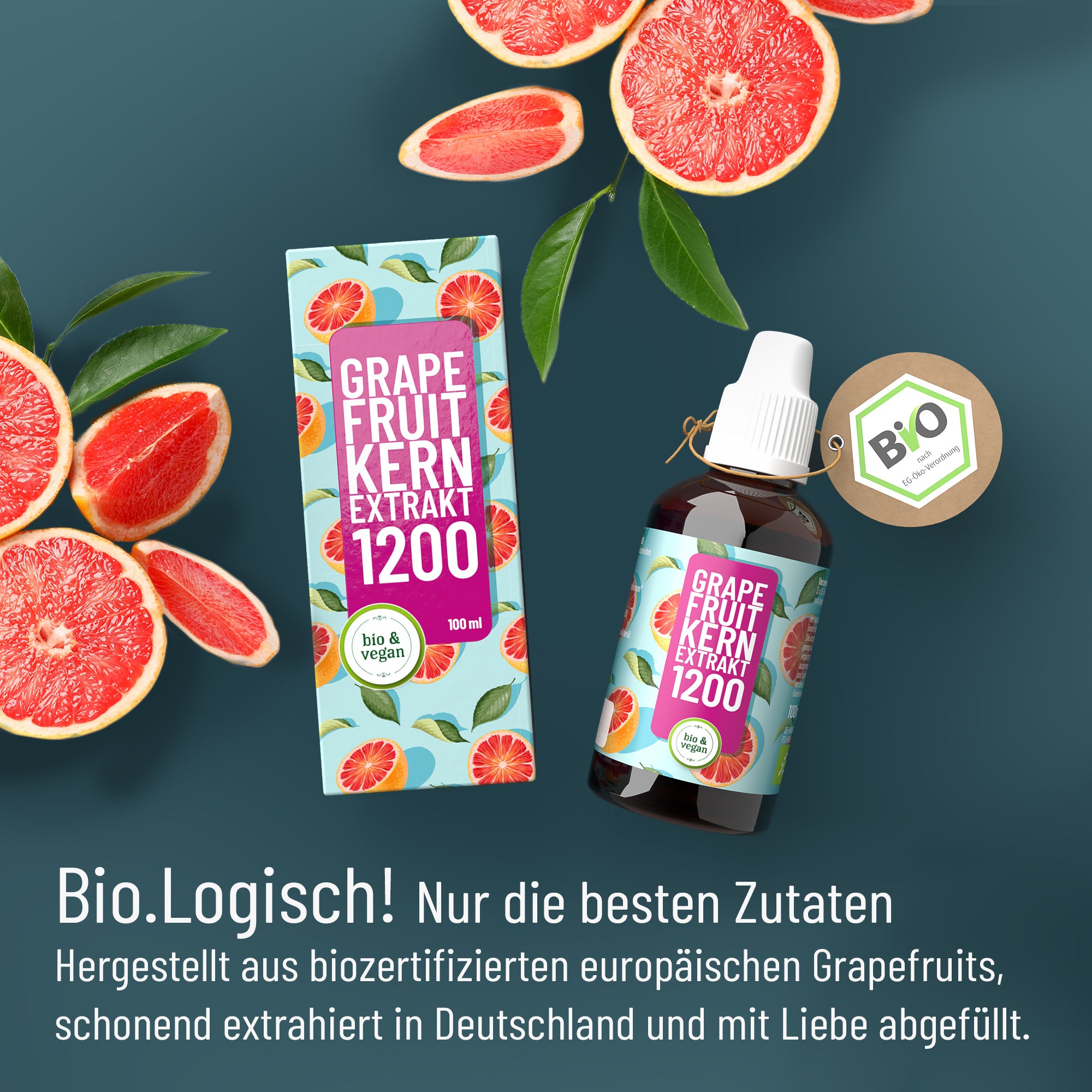 Eine Flasche und eine Schachtel FITNE Health Care Grapefruit-Kern-Extrakt mit Grapefruit-Motiven werden mit geschnittenen Grapefruits gezeigt. Darunter befinden sich ein pflanzlich-veganes BIO-Etikett und ein deutscher Text, der Bioflavonoide und Bio-Zutaten hervorhebt.