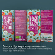 Auf drei Seiten der FITNE Health Care Grapefruit-Kern-Extrakt Box befinden sich deutsche und französische Texte, leuchtende Grapefruit-Bilder, umweltfreundliche und vegane Etiketten sowie ein Barcode auf der rechten Seite.