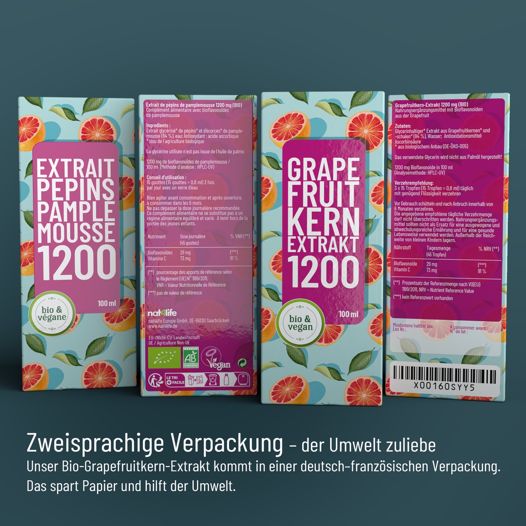 Auf drei Seiten der FITNE Health Care Grapefruit-Kern-Extrakt Box befinden sich deutsche und französische Texte, leuchtende Grapefruit-Bilder, umweltfreundliche und vegane Etiketten sowie ein Barcode auf der rechten Seite.