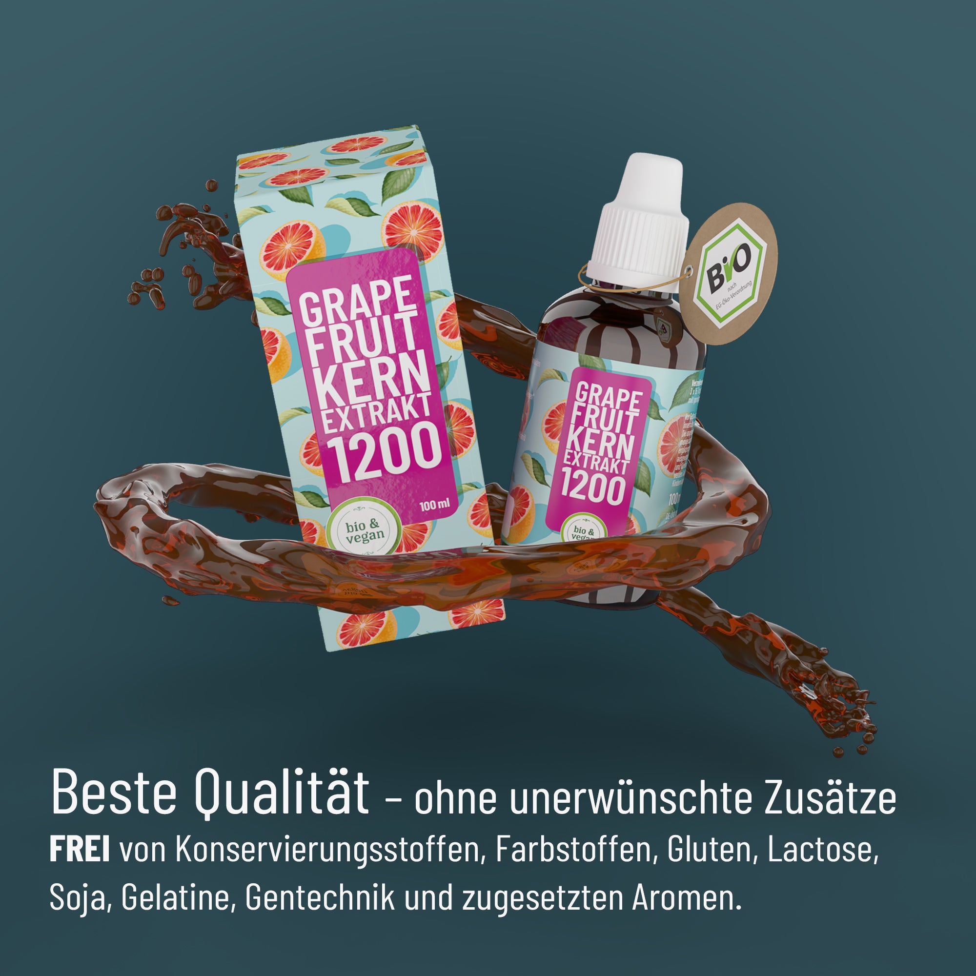Eine Flasche und eine Schachtel FITNE Health Care Grapefruit-Kern-Extrakt 1200 platzen aus dunkler Flüssigkeit auf teal. Der Text hebt die Bioflavonoide, die Qualität und das Fehlen von Zusatzstoffen, Gluten, Laktose, Soja oder künstlichen Aromen hervor.