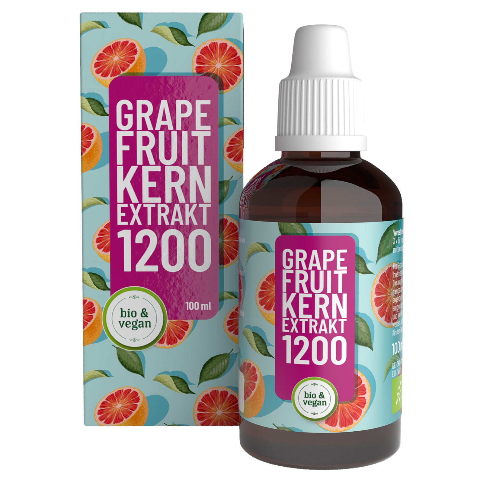 Eine Flasche und Schachtel FITNE Health Care Grapefruit-Kern-Extrakt, verziert mit Grapefruit-Scheiben und Blättern. Das pflanzliche Etikett hebt bio & vegane Inhaltsstoffe, Bioflavonoide und eine 100 ml Größe hervor.