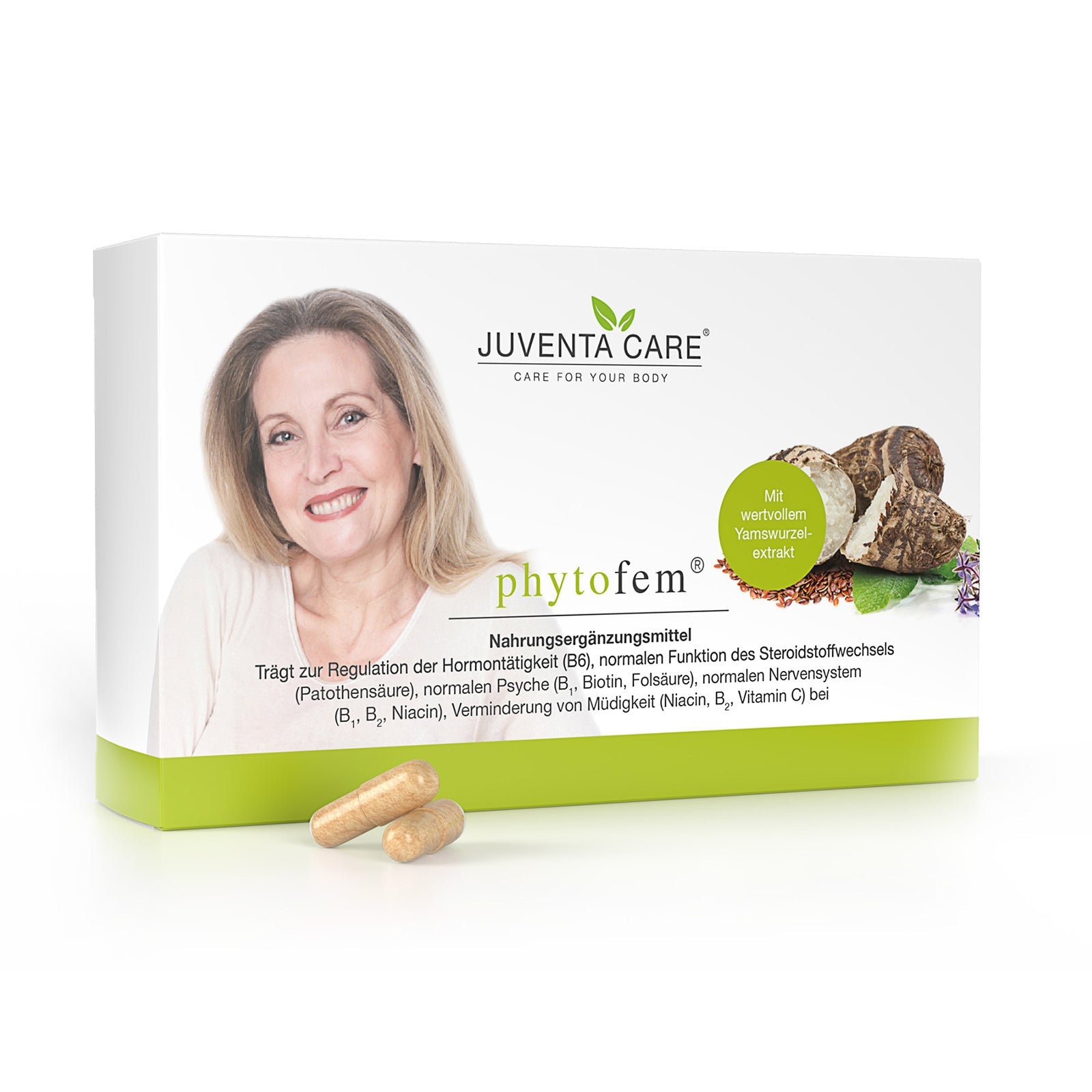 Eine Packung Fitne Phytofem Nahrungsergänzungsmittel mit einer lächelnden Frau, zwei beigen Kapseln, geschnittener Wurzel und grünen Akzenten. Enthält Yamswurzel und Vitamin C zur Unterstützung des Hormonhaushalts und des Nervensystems.
