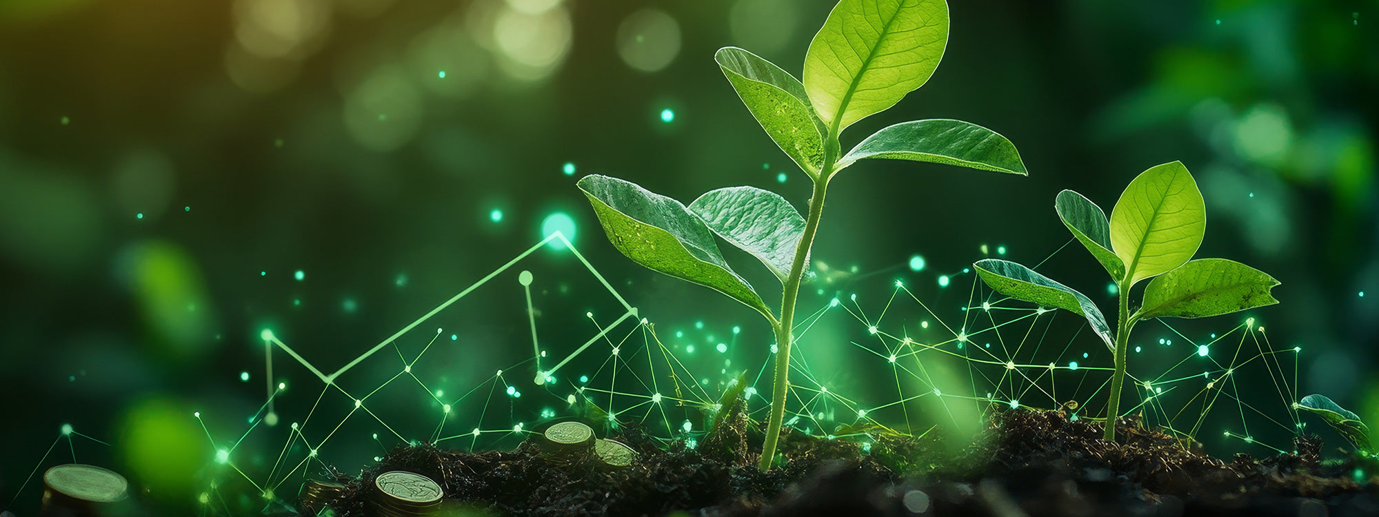 Junge grüne Pflanzen wachsen im Boden, Münzen liegen verstreut herum, und leuchtende digitale Netzwerklinien verbinden Punkte und symbolisieren Wachstum, Technologie und Investitionen. Der Hintergrund ist unscharf und üppig grün.