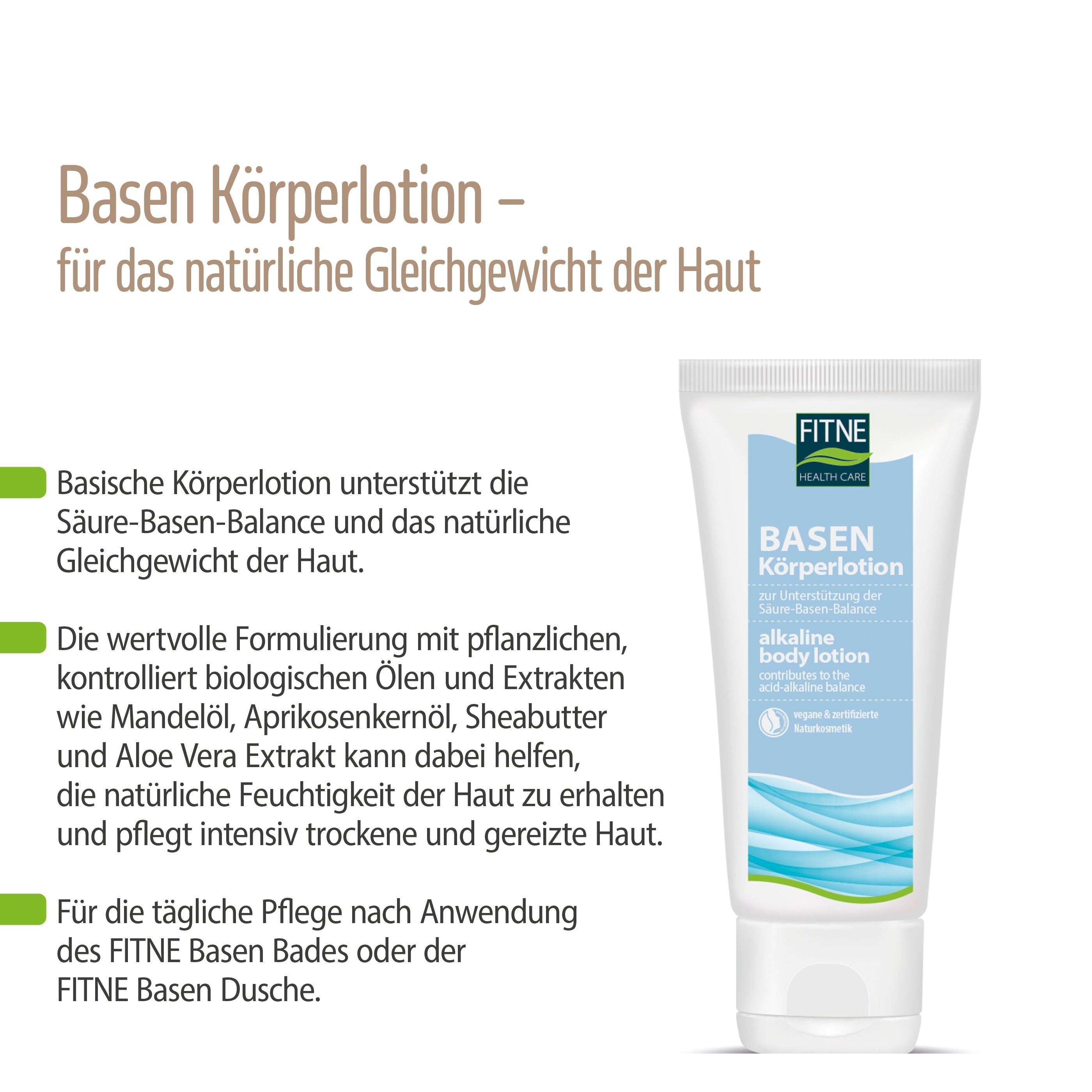 Eine Tube fitne Basische Körperlotion ist neben einem deutschen Text abgebildet, der die pH-ausgeglichene Formel mit Pflanzenölen, Bio-Aloe Vera, Bio-Sheabutter und Extrakten für die tägliche Hautpflege hervorhebt. Der Hintergrund ist weiß mit grünen und grauen Akzenten.
