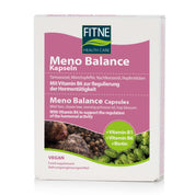 Eine Schachtel fitne Meno Balance Kapseln, ein veganes Nahrungsergänzungsmittel für Frauen in den Wechseljahren mit Vitaminen und Kräutern zur Unterstützung des Hormonhaushalts.