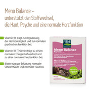 Abbildung einer Fitne Meno Balance Kapseln-Packung mit deutschem Text zu den Vorteilen für Stoffwechsel, Haut, Stimmung und Herz. Hervorgehoben werden Vitamin B6, B1 und Biotin – pflanzliches Nahrungsergänzungsmittel mit Vitaminen für Frauen in den Wechseljahren.