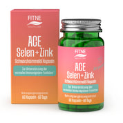 Eine Flasche und Schachtel FITNE Health Care ACE + Selen + Zink Schwarzkümmelöl Kapseln, ein Nahrungsergänzungsmittel mit 60 Kapseln zur Unterstützung des Immunsystems. Die Verpackung ist rosa, orange und grün mit deutschem Text.