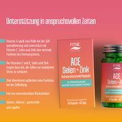 Ein Werbebild für FITNE Health Care ACE + Selen + Zink Schwarzkümmelöl Kapseln zeigt Produktschachteln, eine Flasche und einen deutschen Text, der "Immunsystem stärken" und Vorteile auf einem Hintergrund mit rosa-orangem Farbverlauf hervorhebt.