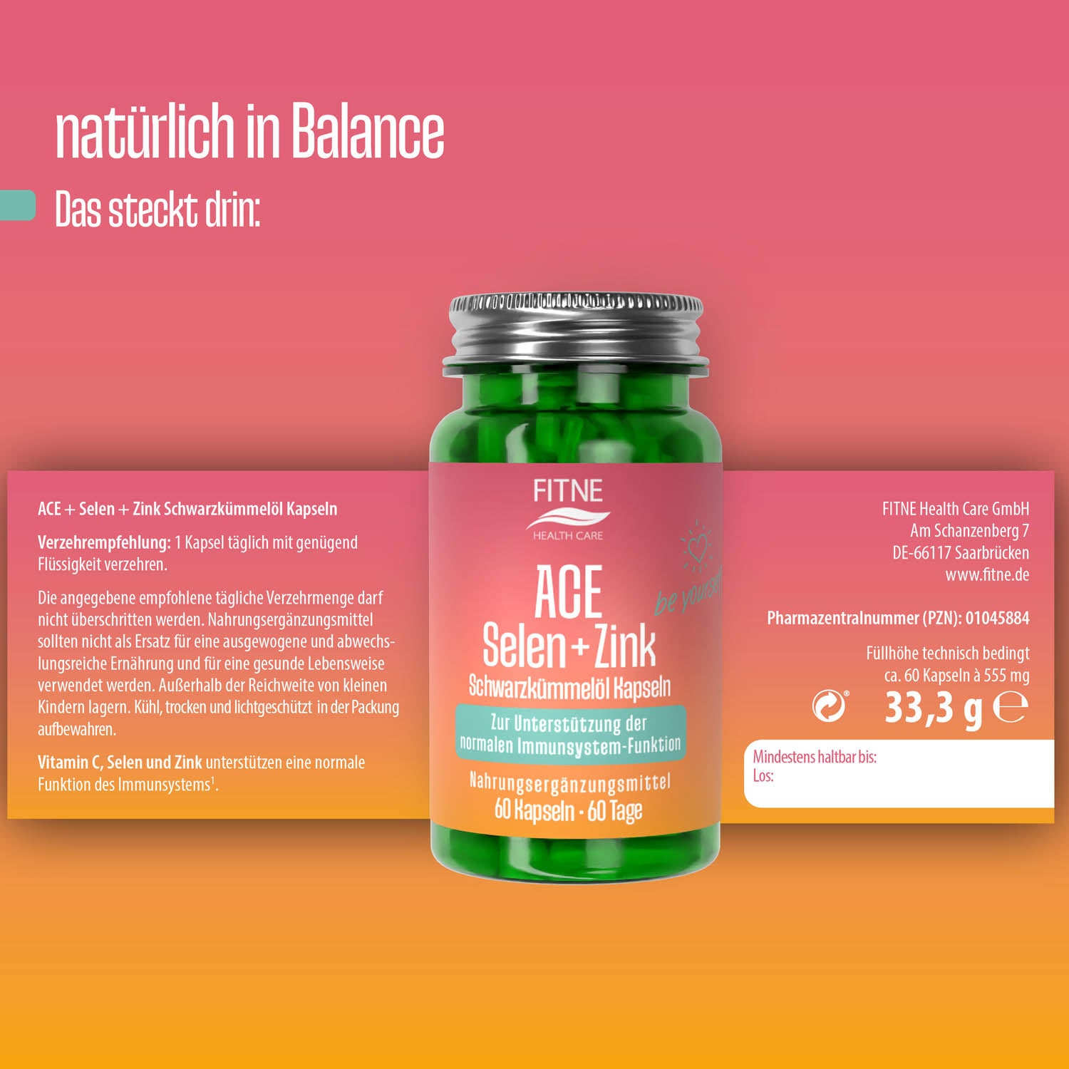 Eine grüne Flasche mit FITNE Health Care ACE + Selen + Zink Schwarzkümmelöl Kapseln steht auf einem rosafarbenen Hintergrund, der die deutschen Fakten zur Nahrungsergänzung anzeigt und die Vorteile für das Immunsystem hervorhebt.