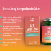 Das Bild zeigt die ACE + Selen + Zink Schwarzkümmelöl Kapseln (Relaunch) von FITNE Health Care auf einem rosa-orangen Farbverlauf, mit dem deutschen Text Immunsystem stärken" und den Produktangaben.