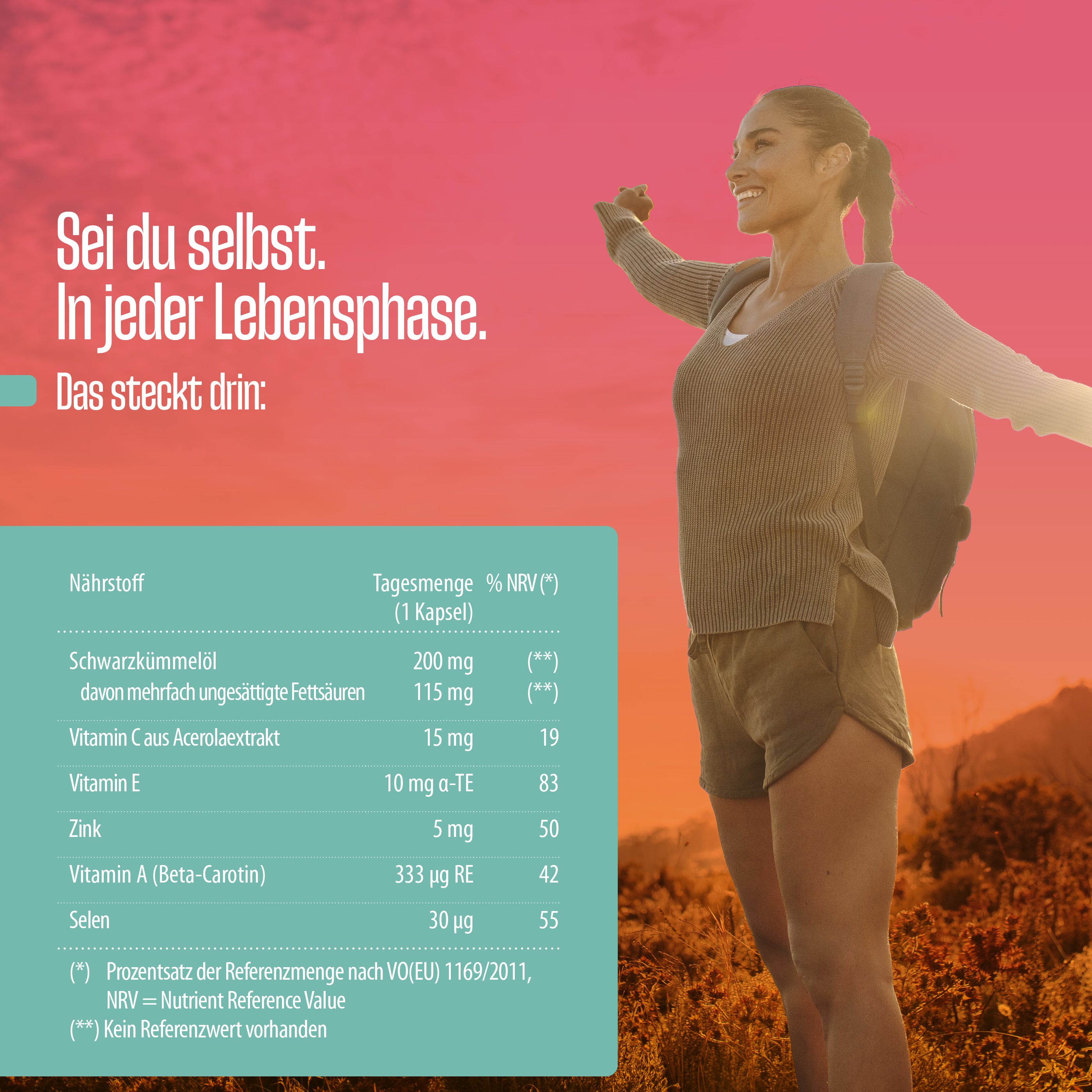 Eine lächelnde Frau mit geflochtenem Haar streckt ihre Arme bei Sonnenuntergang im Freien aus. Unten finden Sie eine Tabelle mit Nährwertangaben für die ACE + Selen + Zink Schwarzkümmelöl Kapseln (Relaunch) von FITNE Health Care, die Ihr Immunsystem und Ihr Selbstvertrauen in jeder Lebensphase unterstützen.