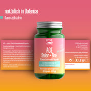 Eine grüne Flasche mit der Aufschrift ACE + Selen + Zink Schwarzkümmelöl Kapseln von FITNE Health Care mit einer rosafarbenen Kappe steht in der Mitte eines rosa-orangen Farbverlaufs. Das Etikett hebt Immunsystem stärken hervor und enthält 60 Kapseln, mit Informationen auf beiden Seiten.