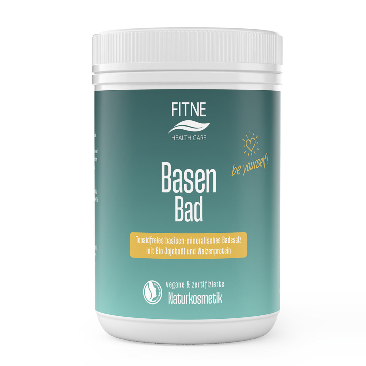 Ein Behälter von FITNE Health Care Basen-Bad hat ein blaugrünes Etikett, einen weißen Deckel und einen gelben Akzent, der Bio-Jojobaöl, Weizenprotein und seinen Status als vegan-zertifizierte Naturkosmetik hervorhebt.