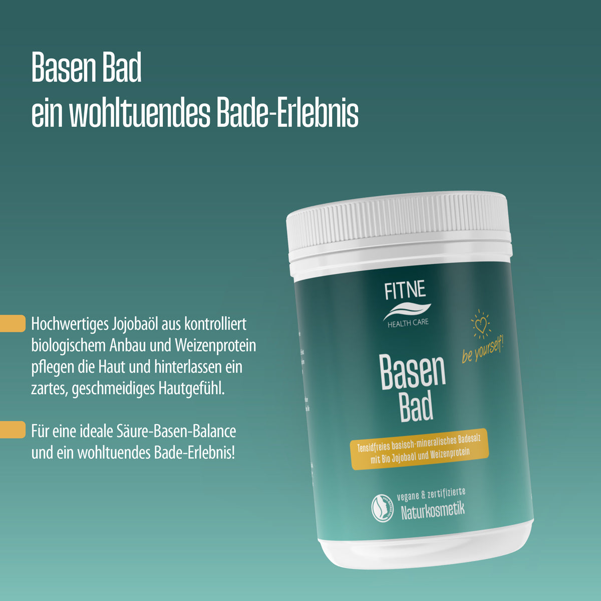 Ein Behälter mit FITNE Health Care Basen-Bad wird auf grünem Hintergrund mit deutschem Text präsentiert, der die Vorteile des Produkts, wie Bio-Jojobaöl, Weizenprotein und Unterstützung für ein entspannendes Badeerlebnis, beschreibt.