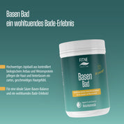 Ein Behälter mit FITNE Health Care Basen-Bad wird auf grünem Hintergrund mit deutschem Text präsentiert, der die Vorteile des Produkts, wie Bio-Jojobaöl, Weizenprotein und Unterstützung für ein entspannendes Badeerlebnis, beschreibt.