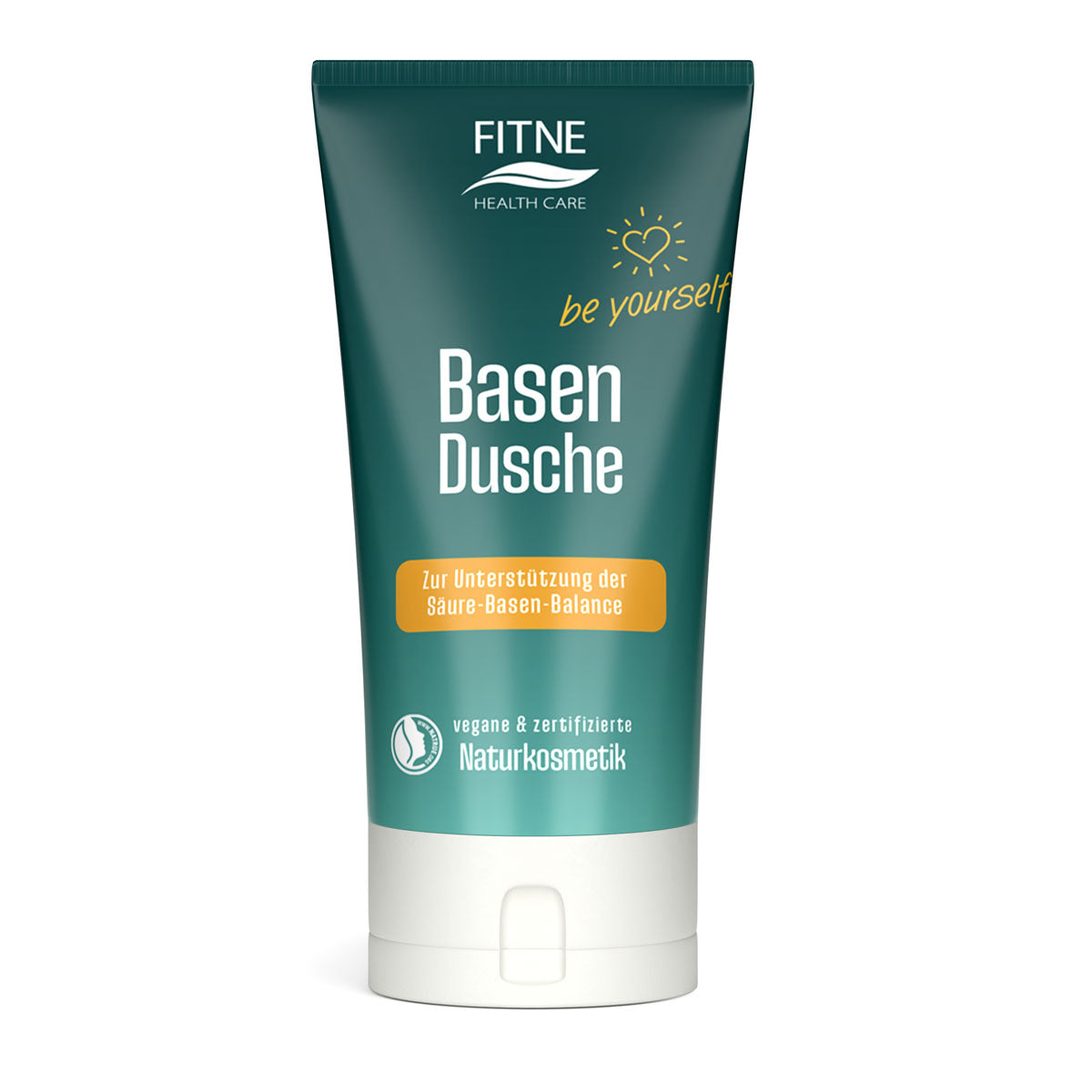Eine grün-weiße Tube FITNE Health Care Basischer Duschbalsam mit Bio-Mandelöl, pH 7, unterstützt den Säure-Basen-Haushalt. Auf der Verpackung steht, dass es sich um vegane und zertifizierte Naturkosmetik handelt.