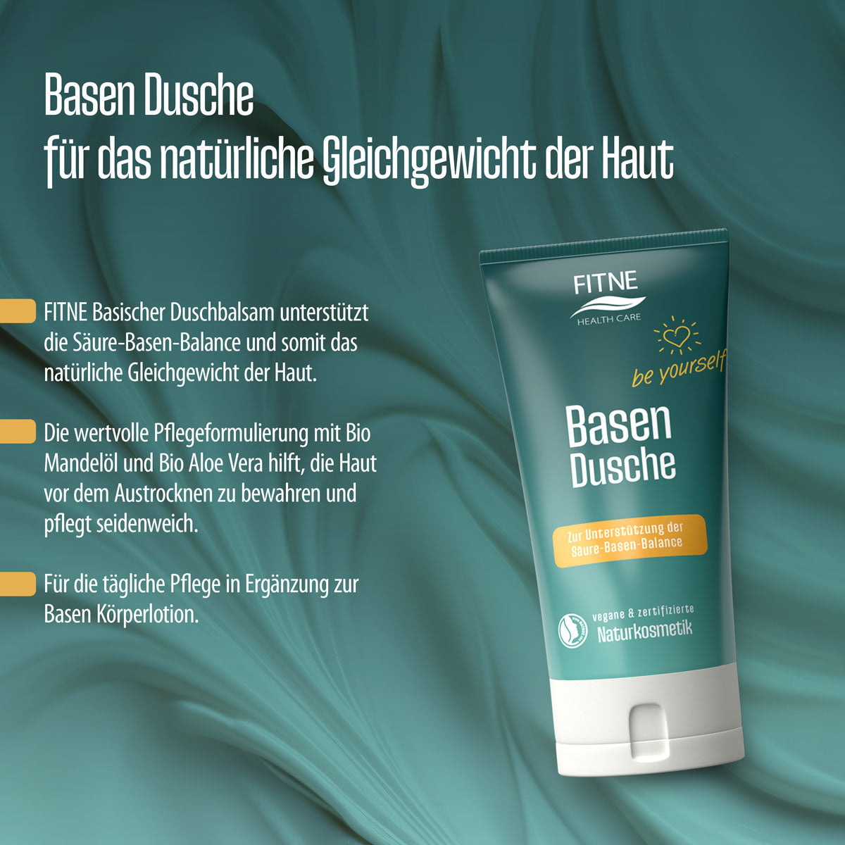 Eine Tube FITNE Health Care Basischer Duschbalsam ist auf einem blaugrünen Hintergrund abgebildet und zeigt die Vorteile für den Säure-Basen-Haushalt der Haut mit natürlichen Inhaltsstoffen wie Bio-Mandelöl und Aloe Vera.