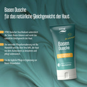 Eine Tube FITNE Health Care Basischer Duschbalsam ist auf einem blaugrünen Hintergrund abgebildet und zeigt die Vorteile für den Säure-Basen-Haushalt der Haut mit natürlichen Inhaltsstoffen wie Bio-Mandelöl und Aloe Vera.