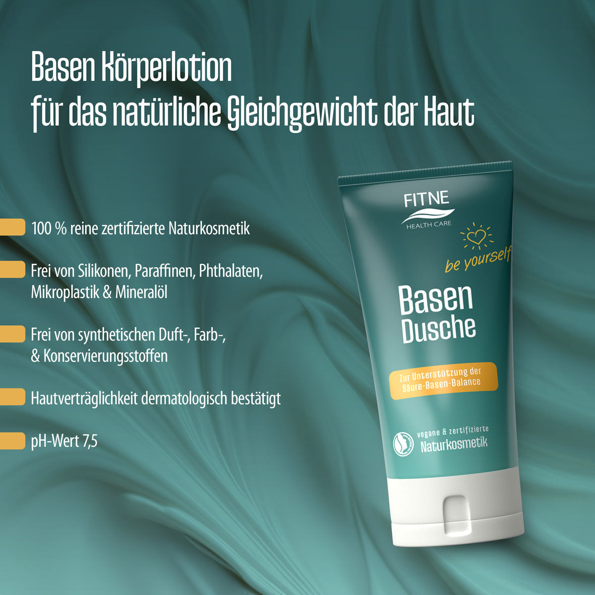 Eine grün gestaltete Anzeige für FITNE Health Care Basischer Duschbalsam zeigt die Tube auf der rechten Seite und hebt natürliches Bio-Mandelöl, dermatologische Tests und einen pH-Wert von 7,5 hervor.