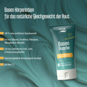 Eine grün gestaltete Anzeige für FITNE Health Care Basischer Duschbalsam zeigt die Tube auf der rechten Seite und hebt natürliches Bio-Mandelöl, dermatologische Tests und einen pH-Wert von 7,5 hervor.