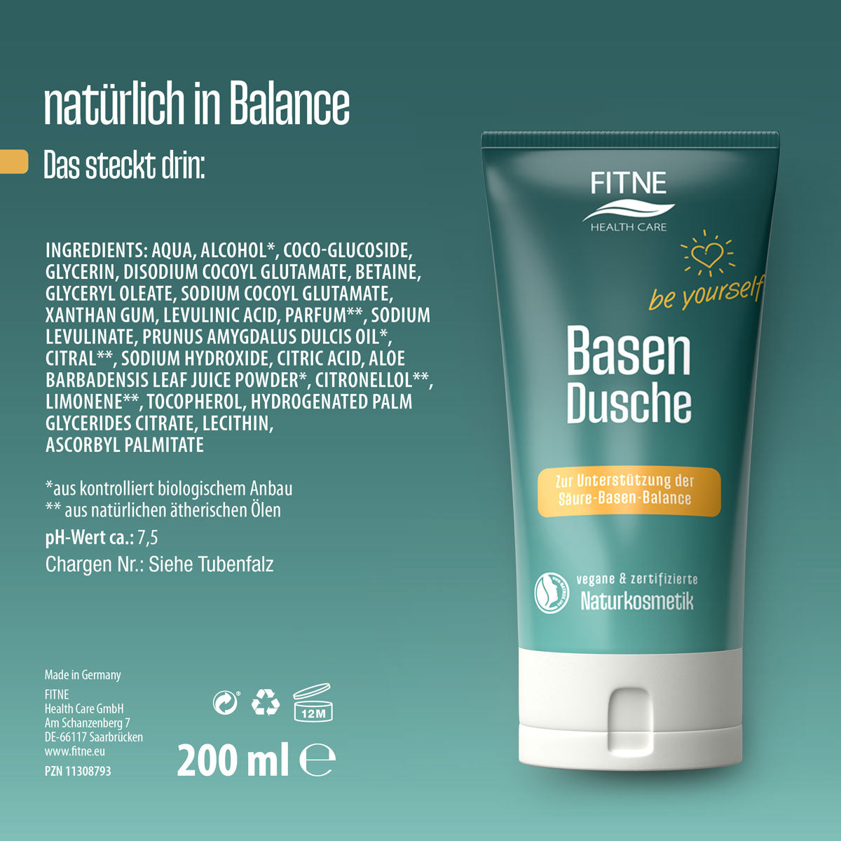 Eine 200-ml-Tube FITNE Health Care Basischer Duschbalsam ist auf einem blaugrünen Hintergrund abgebildet. Der Text hebt die pH-Balance von 7,5, die zertifizierte Naturkosmetik und die wichtigsten Inhaltsstoffe hervor.