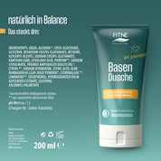 Eine 200-ml-Tube FITNE Health Care Basischer Duschbalsam ist auf einem blaugrünen Hintergrund abgebildet. Der Text hebt die pH-Balance von 7,5, die zertifizierte Naturkosmetik und die wichtigsten Inhaltsstoffe hervor.