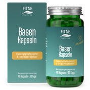 Eine grüne Flasche FITNE Health Care Basen Kapseln steht neben ihrer Verpackung. Das Etikett weist auf Säure-Basen-Balance und Energiestoffwechsel hin. Jede Packung enthält 90 Kapseln, die 30 Tage lang wichtige Mineralstoffe liefern.