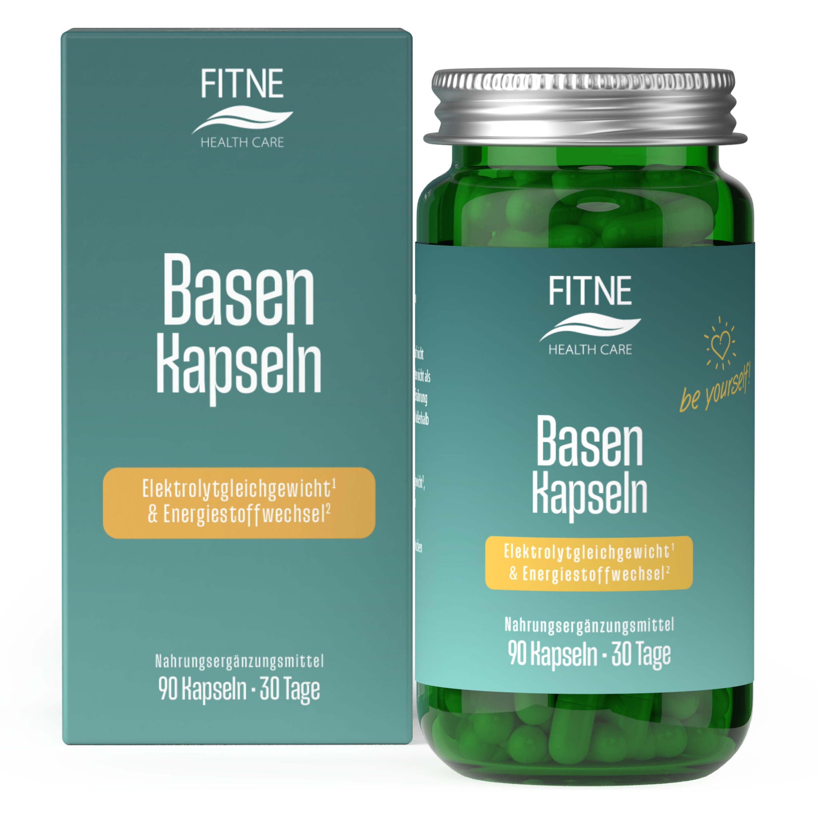 Die grüne Flasche der FITNE Health Care Basen Kapseln (Relaunch) Nahrungsergänzung steht neben der Schachtel und weist auf die Unterstützung der Säure-Basen-Balance und des Stoffwechsels hin. Die Kapseln sind grün und reich an Mineralstoffen.