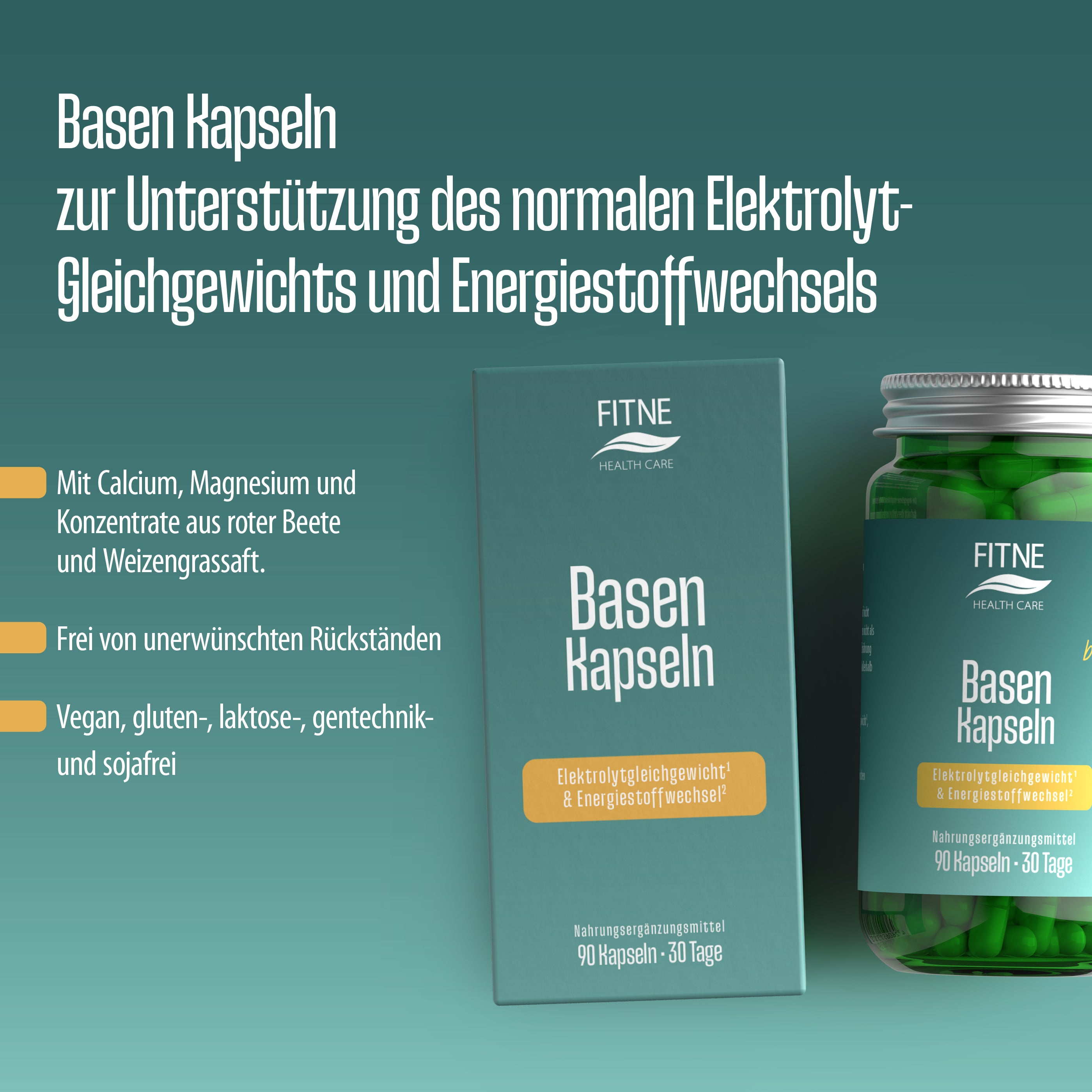 Abgebildet sind eine tealfarbene Schachtel und eine grüne Flasche mit der Aufschrift "Basen Kapseln (Relaunch)" von FITNE Health Care, die auf Mineralstoffe für Säure-Basen-Balance und Energie hinweisen. Das Produkt ist vegan, gluten- und laktosefrei sowie frei von unerwünschten Rückständen.