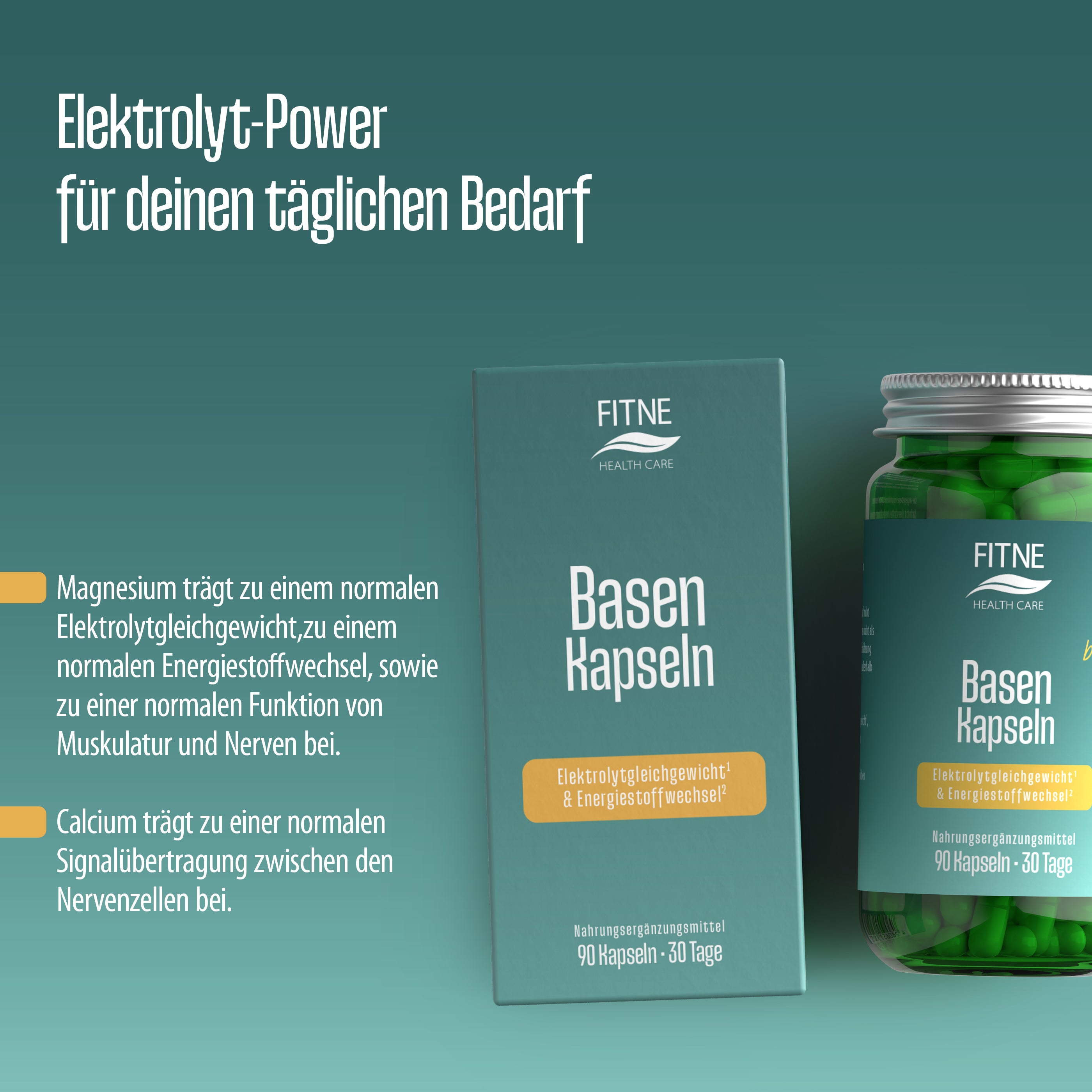 Abgebildet sind eine tealfarbene Schachtel und eine Dose FITNE Health Care Basen Kapseln (Relaunch). Der Text hebt die Mineralien, die Vorteile der Elektrolyte, die tägliche Einnahme für Energie und Nerven, mit 90 Kapseln für 30 Tage zur Unterstützung des Säure-Basen-Haushalts hervor.