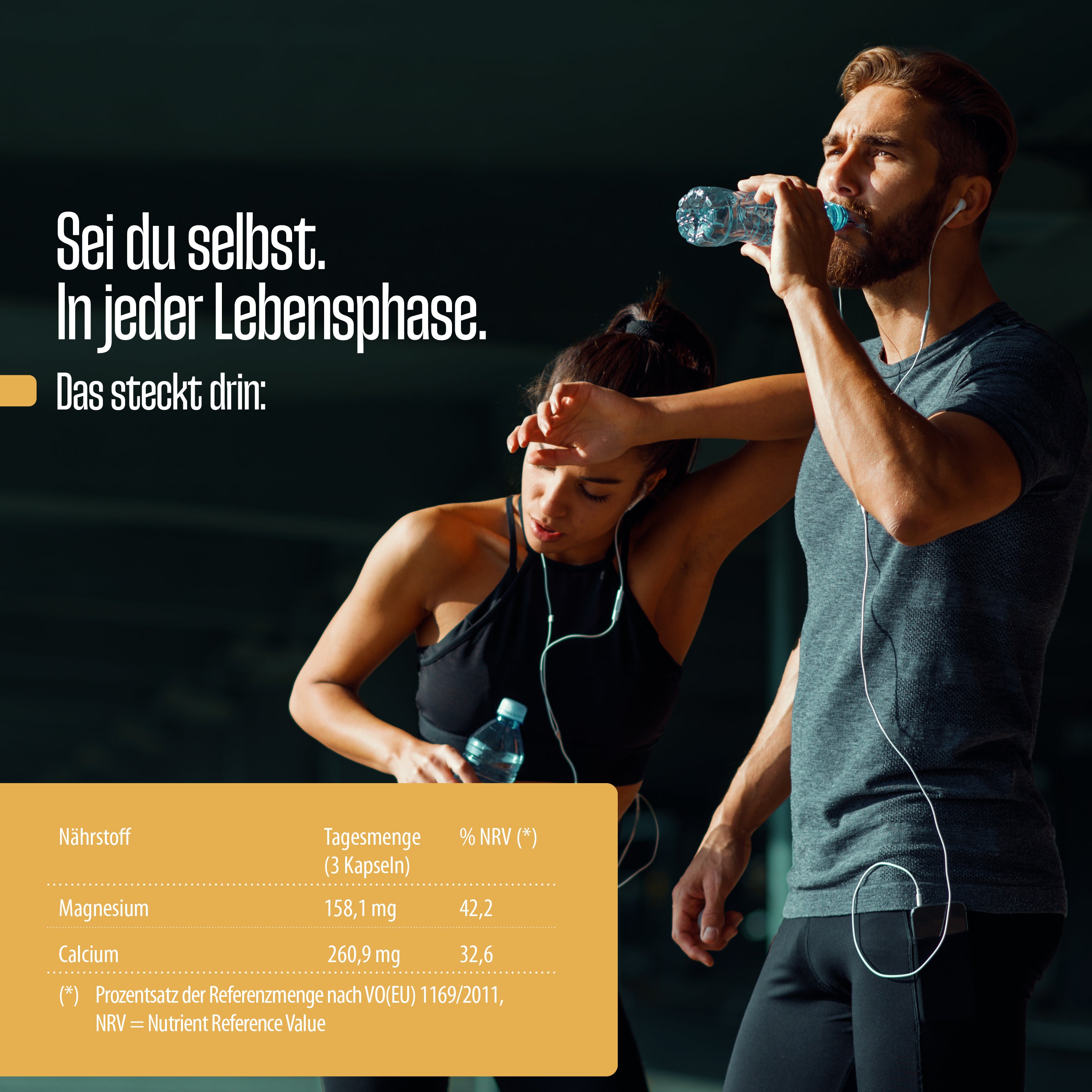 Ein Mann und eine Frau in Sportkleidung benutzen Kopfhörer und trinken Wasser nach dem Training. Im Vordergrund zeigt eine Tabelle für FITNE Health Care Basen Kapseln (Relaunch) die täglichen Magnesium-, Kalzium- und andere Mineralstoffwerte für Säure-Basen-Balance.