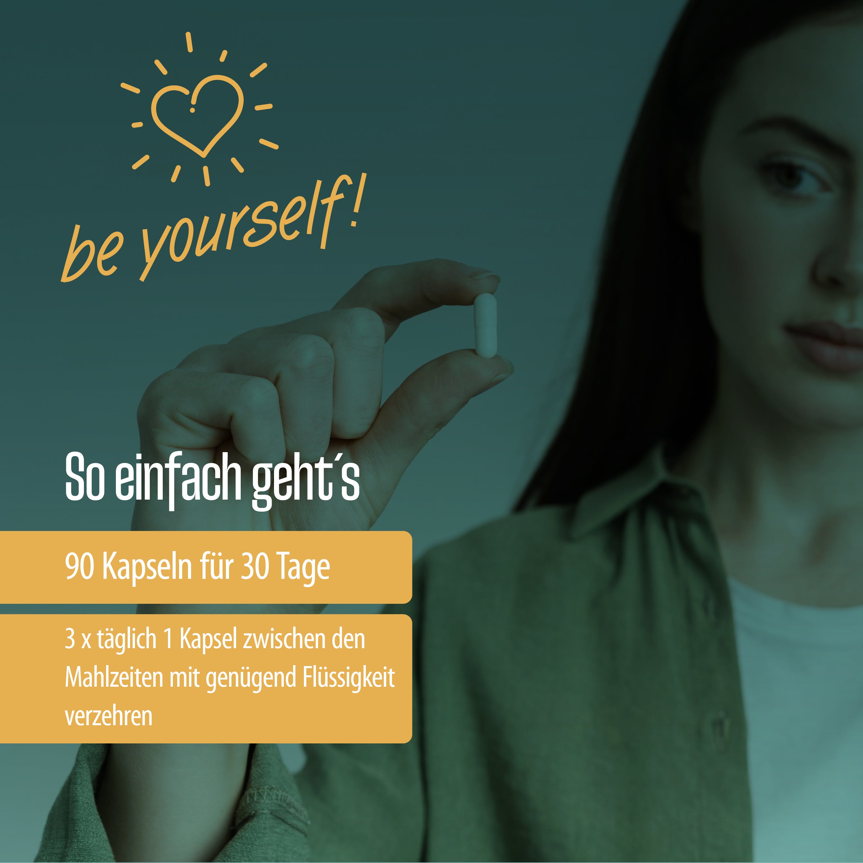 Eine Frau in einem grünen Hemd hält eine weisse FITNE Health Care Basen Kapseln (Relaunch) hoch. Der Text lautet "Sei du selbst!" mit Dosierung: 90 Kapseln für 30 Tage - 3x täglich 1 Kapsel vor den Mahlzeiten mit Flüssigkeit einnehmen, um den Säure-Basen-Haushalt zu unterstützen.
