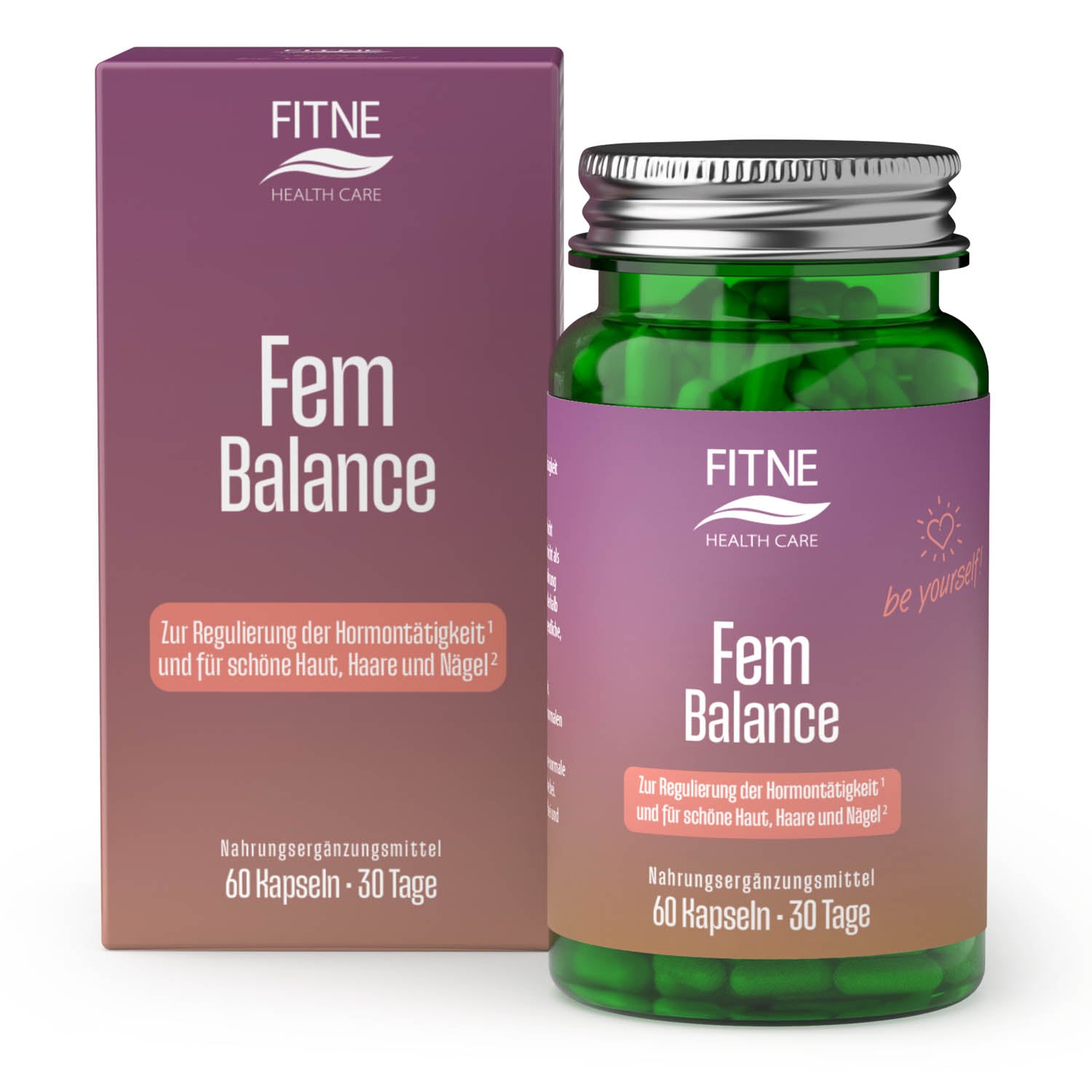 Eine Schachtel und eine Flasche FITNE Health Care FemBalance mit 60 grünen Kapseln in violetter und rosa Verpackung zur Unterstützung des hormonellen Gleichgewichts, zur Linderung von PMS und zur Pflege von Haut, Haaren und Nägeln.