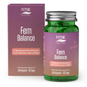 Eine Schachtel und eine Flasche FITNE Health Care FemBalance mit 60 grünen Kapseln in violetter und rosa Verpackung zur Unterstützung des hormonellen Gleichgewichts, zur Linderung von PMS und zur Pflege von Haut, Haaren und Nägeln.