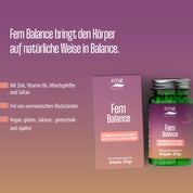 Eine Schachtel und eine Flasche mit FITNE Health Care FemBalance-Kapseln auf einem Hintergrund mit Farbverlauf. Der deutsche Text hebt den Hormonhaushalt, die PMS-Unterstützung und die vegane Formel für Frauen hervor - gluten-, laktose-, gentechnik- und sojafrei - mit Zink, Vitamin B6, Keuschlamm und Safran.